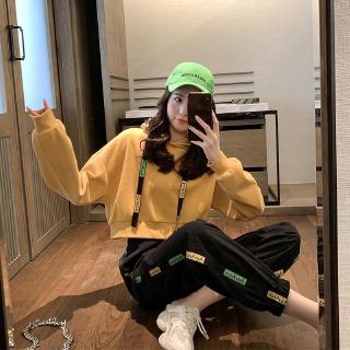 Set đồ mùa thu áo hoodie có mũ dáng rộng ngắn + quần dài thời trang cá tính cho nữ