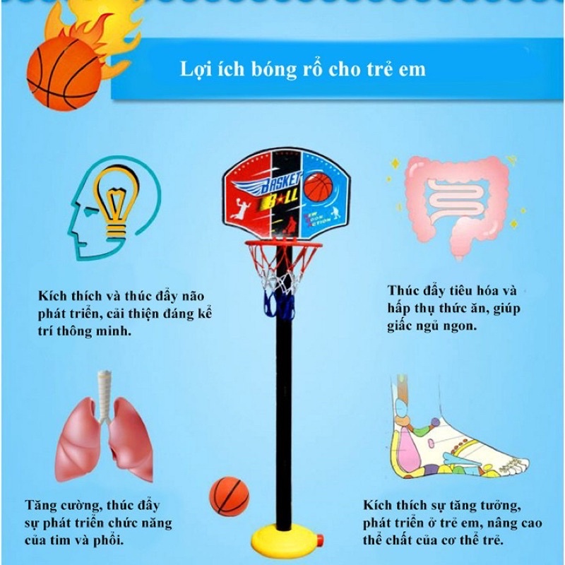 [Bóng rổ thân trụ đầy đủ phụ kiện]-Đồ chơi bóng rổ cho bé, bóng rỗ cao su ngoài trời cho bé vận động tăng chiều cao