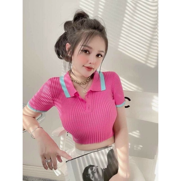 Áo len montoghi mỏng dáng croptop cổ bẻ