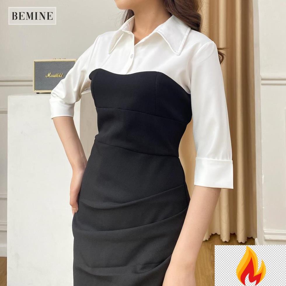 Đầm nữ dáng xòe kiểu dáng body cổ sơ mi xếp li eo BEMINE MT2047DEN -JB8