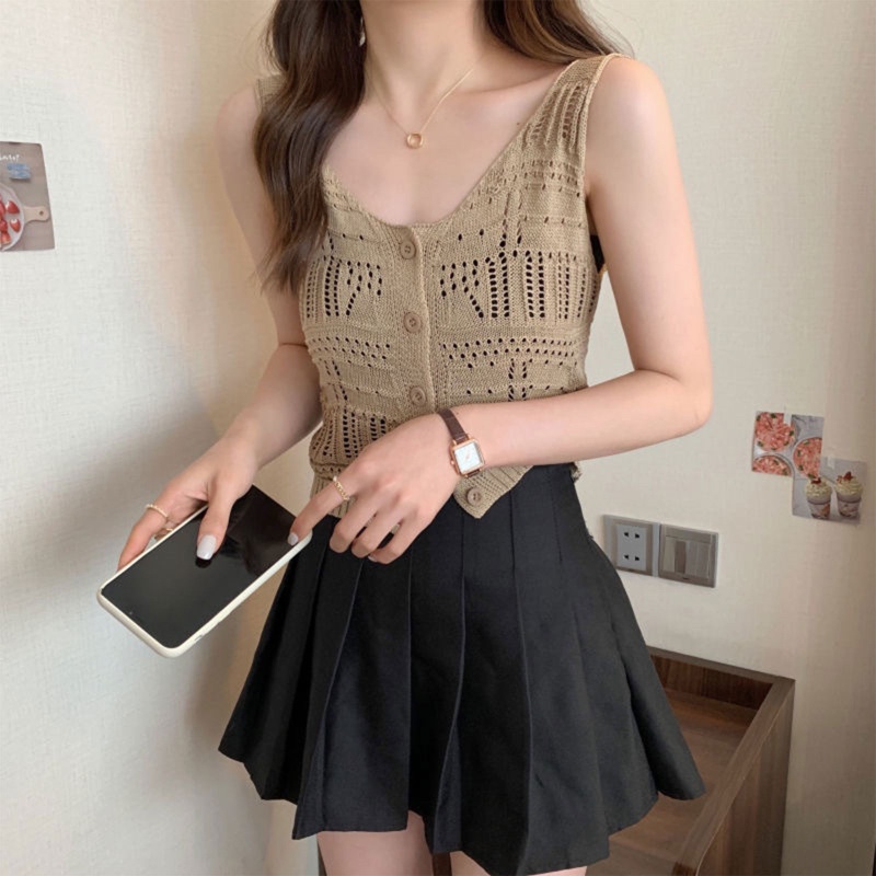 Áo Croptop Dệt Kim Sát Nách Cài Nút Thời Trang Đi Biển Cho Nữ