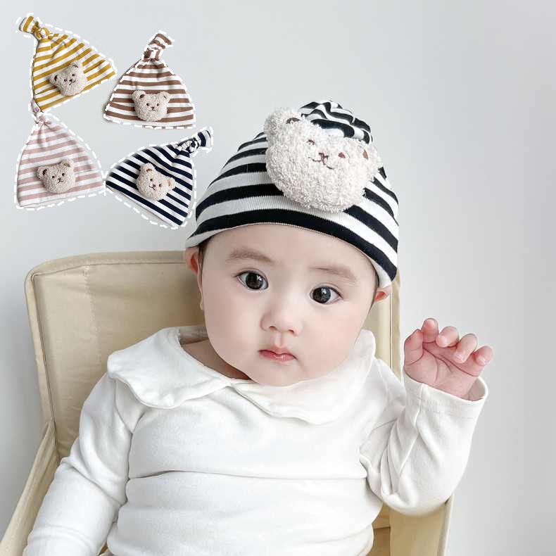 Mũ Lưỡi Trai Kẻ Sọc Đính Hình Gấu Dễ Thương Cho Bé