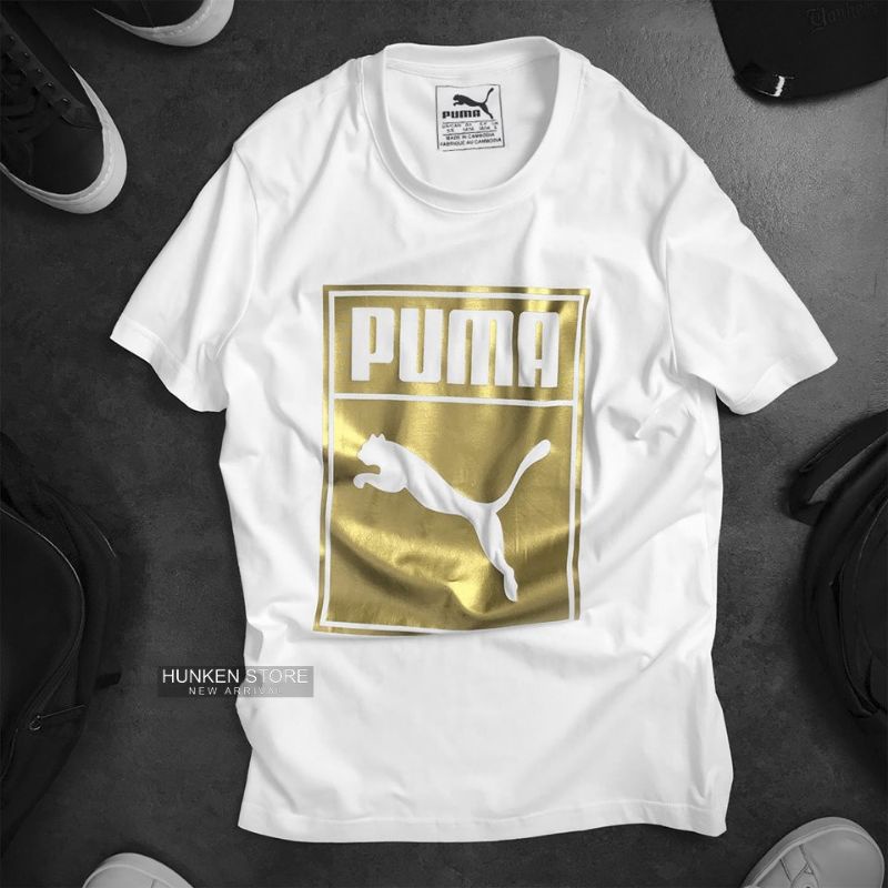 Áo Thun Nam Nữ Tay Ngắn Chất Cotton Logo PU.MA In Nhũ Vàng, Áo Phông Unisex Nhiều Màu Sắc Vải Cotton Mát Thời Trang