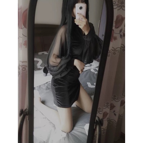 Đầm nhung cách tân cổ tàu - Váy sườn xám tay voan khoét ngực