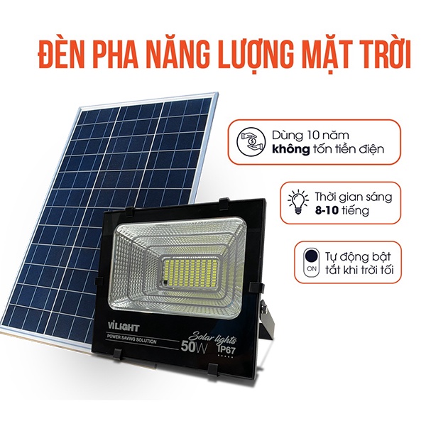 Đèn pha năng lượng mặt trời 50W Vi-Light VLFL50MT1, Chip Led Bridgelux Top USA, BH 2 năm đổi mới