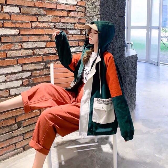 🌱 Áo khoác kaki pha màu túi chữ 🌱 Hàng Quảng Châu