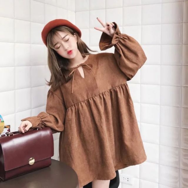 Đầm babydoll tay dài uzzlang phong cách Hàn Quốc