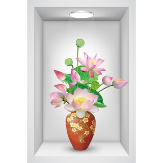 Tranh dán tường VTC ô 3D Bình hoa sen LoHoaDon-005 kim sa