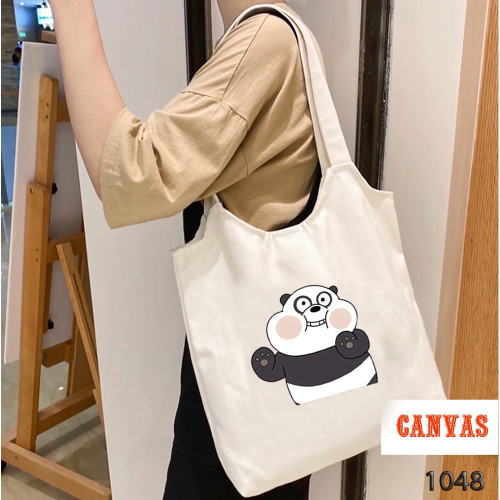 Túi tote trắng vải Canvas in họa tiết Panda Mập dễ thương Phong cách Ulzzang