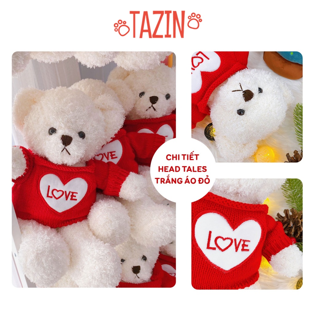 Gấu bông teddy head tales trắng áo đỏ chữ love, teddy head tales bông cao cấp TAZIN