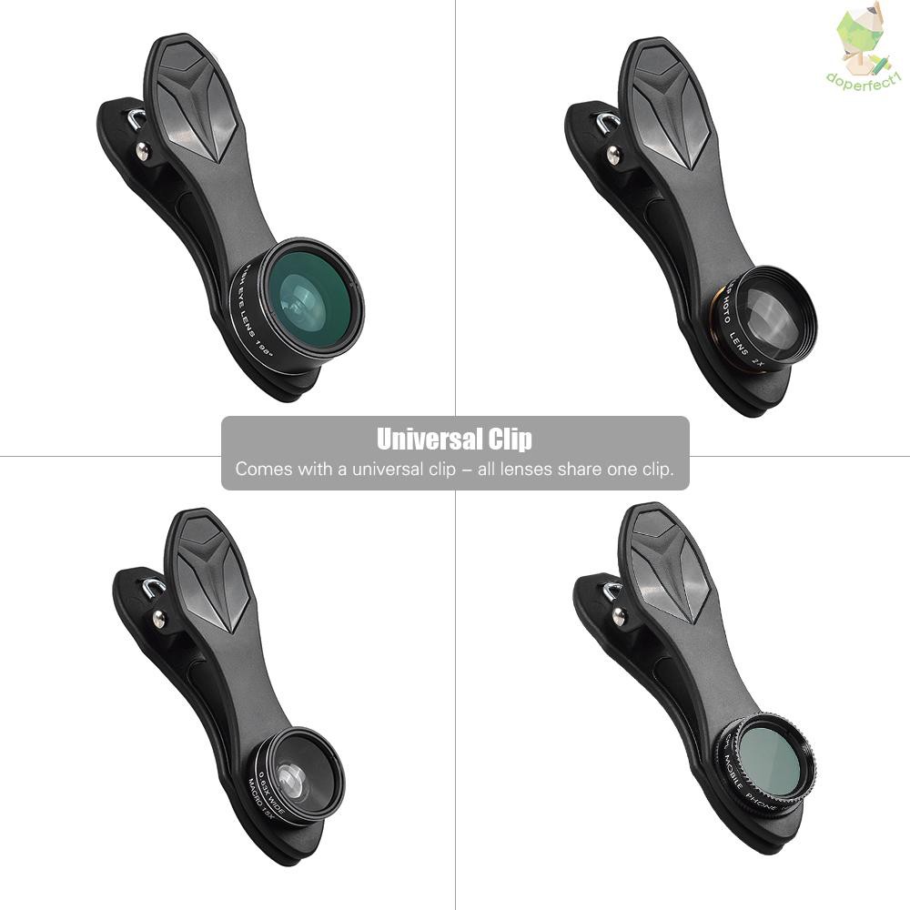 Bộ lens Điện Thoại 5 Trong 1 apexel apl-dg5h 5 Trong 1 198° Ống Kính fisheye Góc Rộng Xoay 15x macro 2x 0.63x