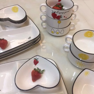 Combo đồ sứ chén tô dĩa 4 món , Dĩa chữ nhật+ chén trái tim + tô 2 quai + muỗng sứ [ order 2 đến 3 tuần]