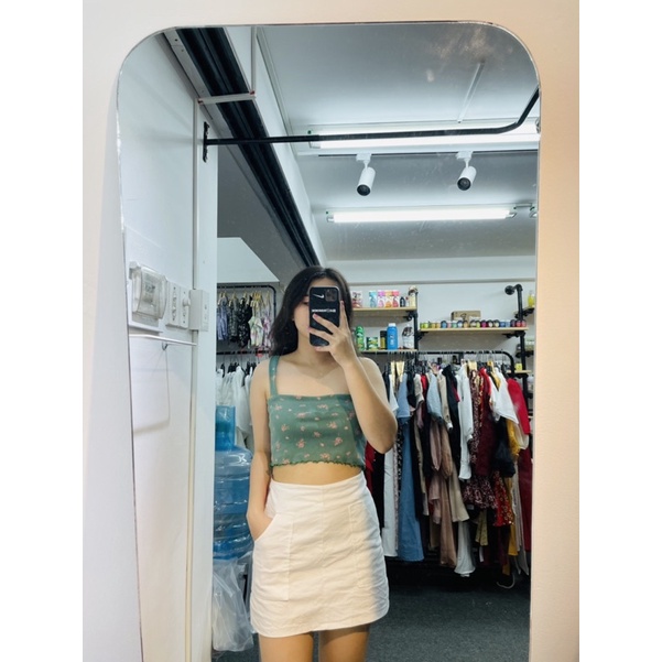 Áo 2 dây cổ vuông ôm body xanh 2 lớp màu rêu