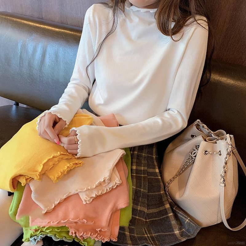 Áo Thun Nữ Tay Dài Cổ Cao Màu Trơn Thời Trang
