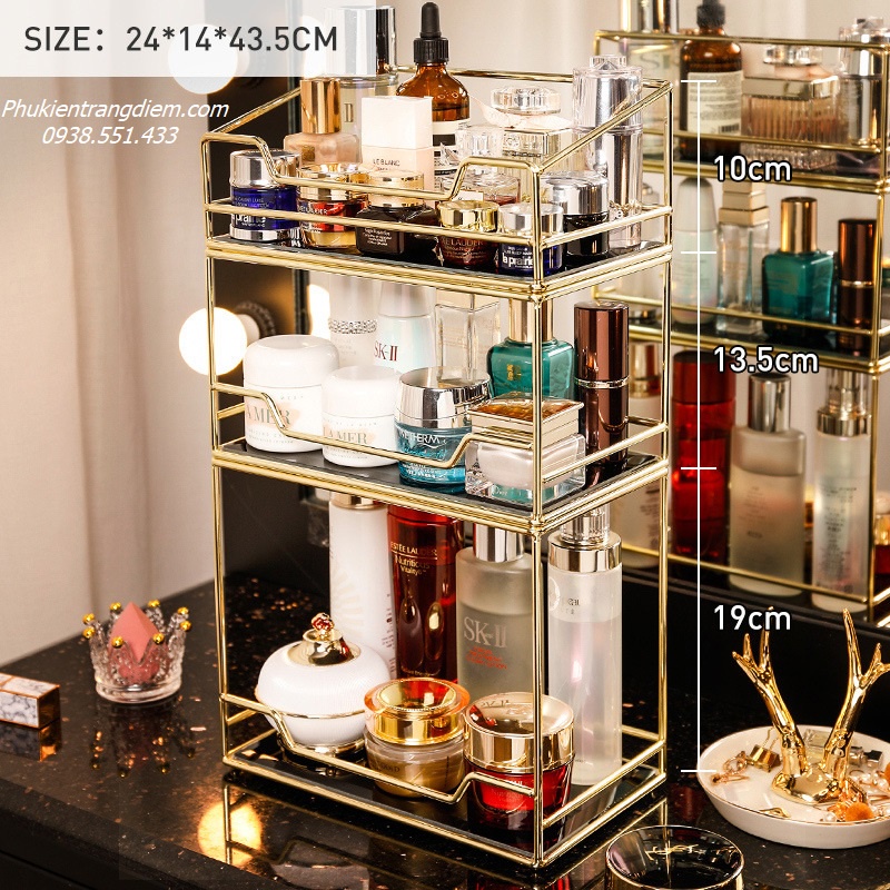 Kệ Mỹ Phẩm Nước Hoa Vàng Golden 3 Tầng - Sắp Xếp Đựng Đồ Trang Điểm Để Bàn Sang Trọng