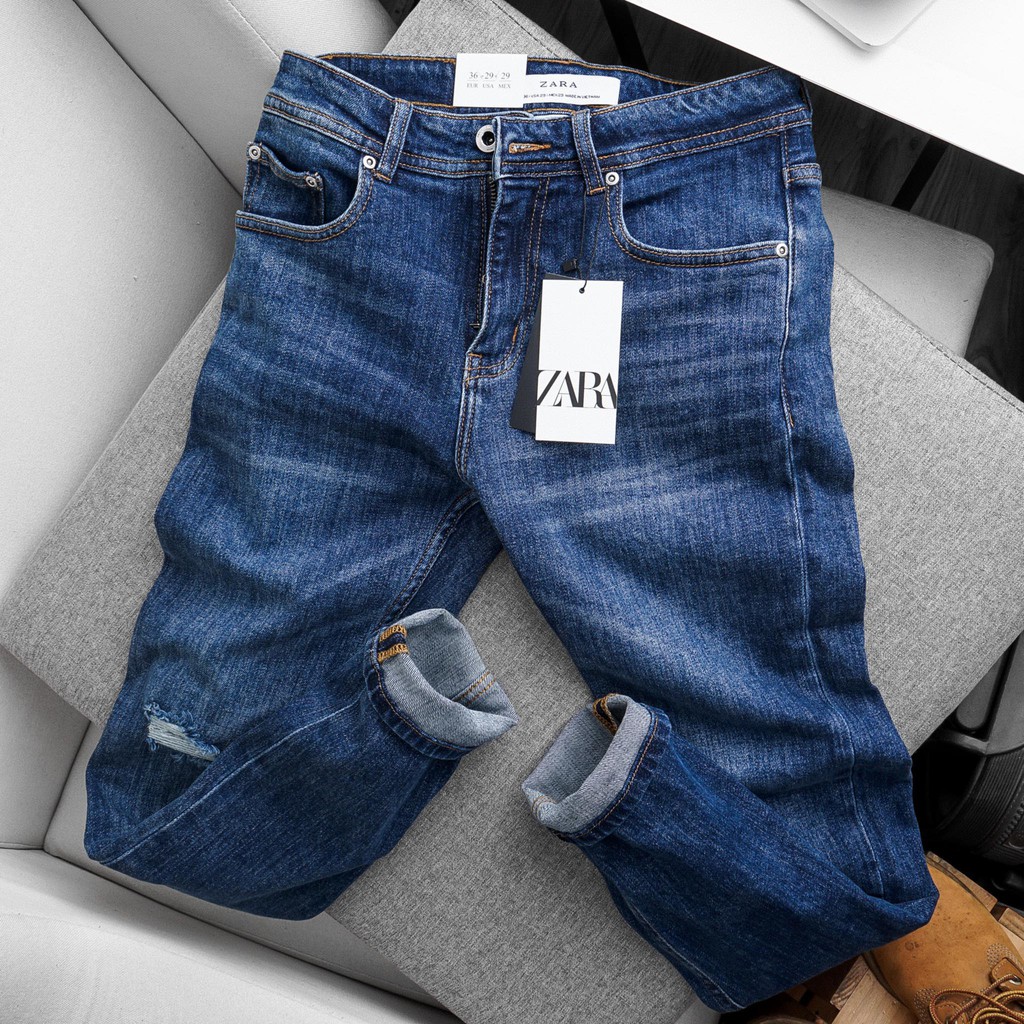 Quần Jeans nam ZR xanh đậm rách gối form slimfit vải cotton cao cấp - Shop LA STORE