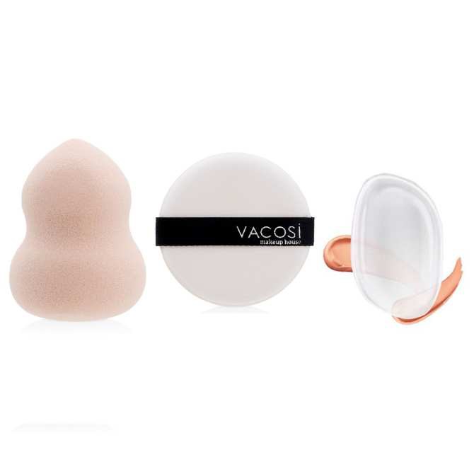 Bộ 3 SP đánh kem hoàn hảo Vacosi: 1 Mút tán hồ lô + 1 Mút Silicon ngẫu nhiên + 1 Bông phấn Cushion Vacosi BP22