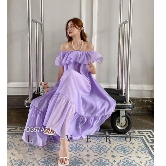 Đầm maxi bẹt vai tơ đuôi cá form rộng, Váy suông trễ vai bèo dáng dài tơ lụa xịn