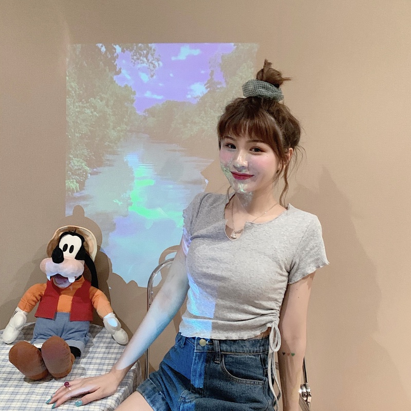 Áo thun ZHELIHANGFEI ngắn tay cổ cao phối dây rút thời trang mùa xuân 2022 cho nữ