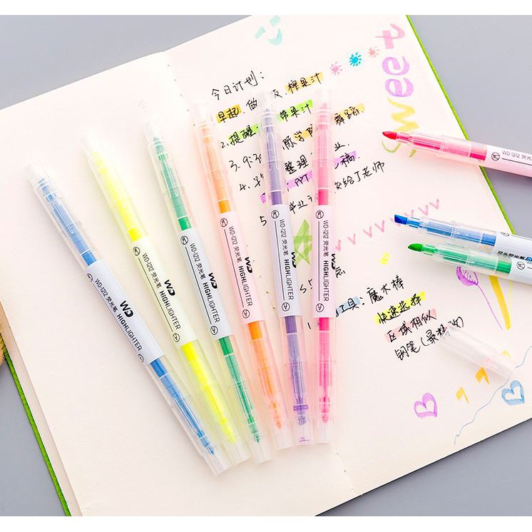 Bút highlight đánh dấu dạ quang 2 đầu Hàn Quốc Bộ 6 Bút Màu Sắc