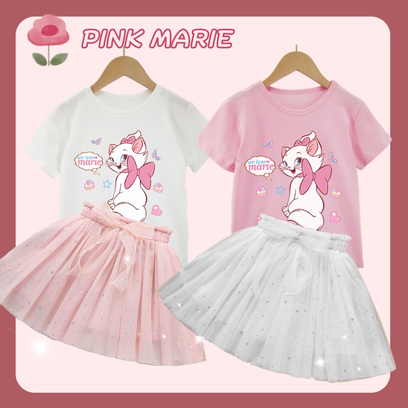 Set 2 Món Áo Thun Cotton Mỏng Màu Kẹo Ngọt In Hình Mèo Marie Thời Trang Cho Bé Gái