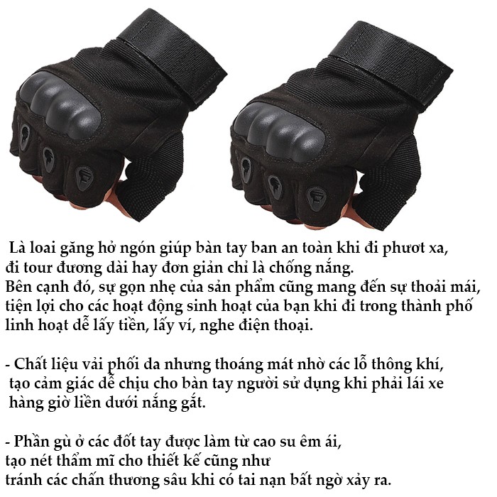 Găng Tay Xe Máy, Găng Tay Phượt cụt ngón có gù bảo vệ mu bàn tay, chất liệu vải phối da có lỗ thoát khi thoáng mát