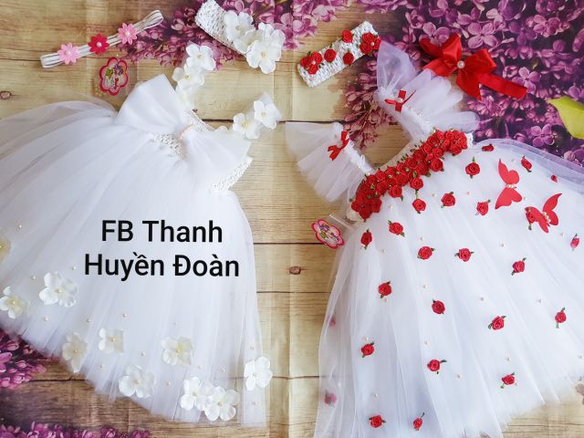 Váy tutu công chúa trắng tay đính hoa ctc