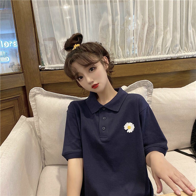 Áo Thun tay lỡ Unisex FREESIZE Cổ Trụ Polo in hình Hoa Cúc Hot Trend M0113