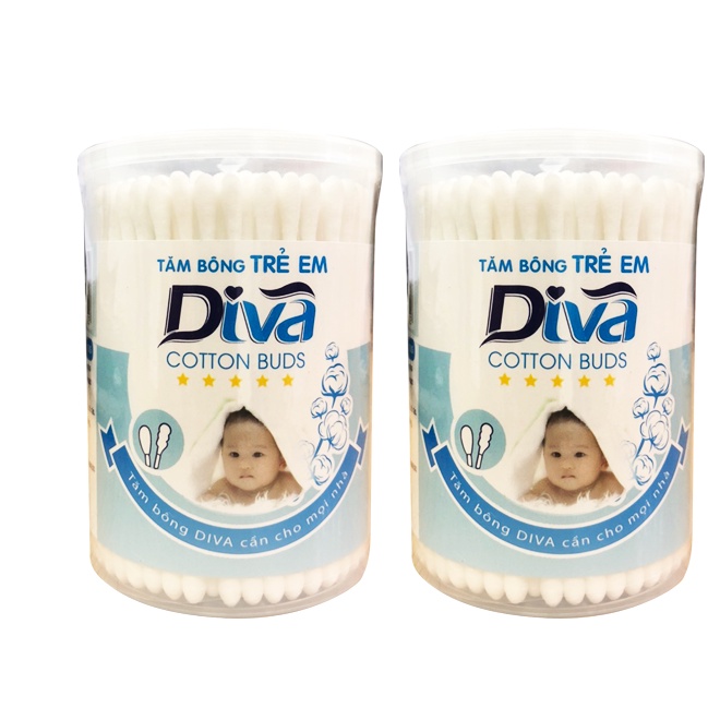 Tăm bông Diva hộp tròn cho Trẻ Sơ Sinh 100% Bông Tự Nhiên 200 cây