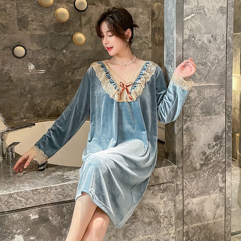 Đầm Ngủ Tay Dài Chất Liệu Nhung Dày Dặn Giữ Ấm Màu Vàng Mới Thời Trang Thu Đông Cho Nữ 2021