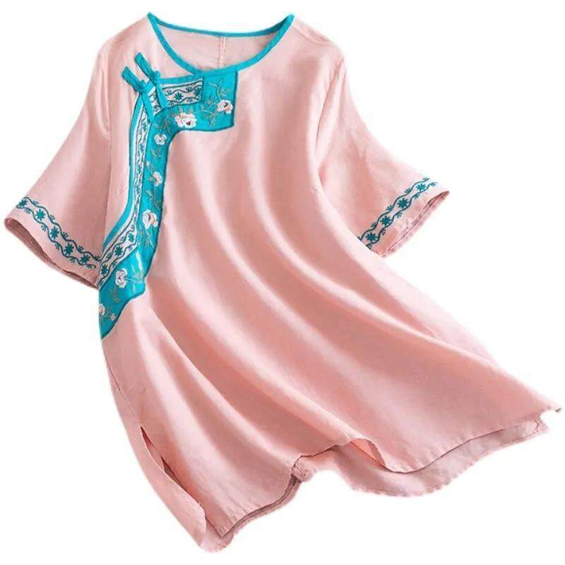 Áo Thun Cotton Ngắn Tay Cổ Tròn Form Rộng Thêu Họa Tiết Phong Cách Cổ Điển Dành Cho Nữ
