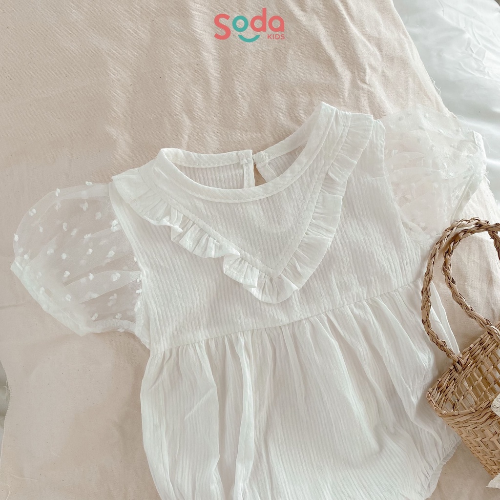 Bộ liền bé gái SODA KIDS viền bèo tay voan công chúa kèm mũ babydoll, chất liệu thô mềm, mỏng, nhẹ