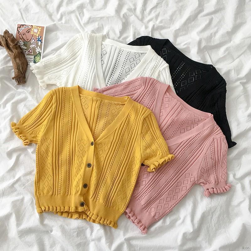 Áo Lửng Ngắn Tay Đính Nút Thời Trang Cho Nữ