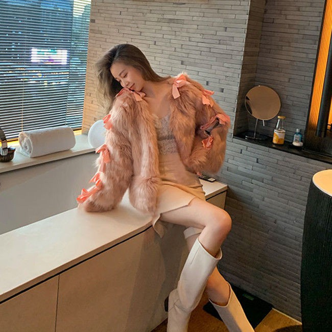 ☄❃✈Áo Khoác Giả Lông Cáo Dáng Ngắn Thắt Nơ Phong Cách Đường Phố Trẻ Trung Cho Nữ | BigBuy360 - bigbuy360.vn