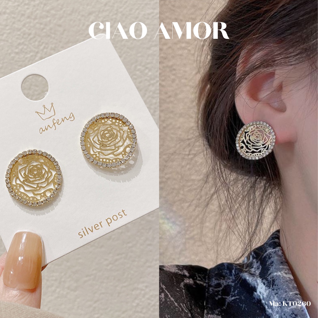 Khuyên tai nữ, bông tai tròn hoạ tiết lép viền đá sang trọng Trang sức Ciao Amor - KT0260