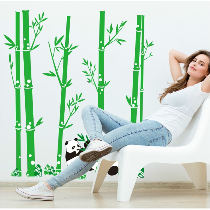 Decal trang trí tường Cây Trúc Xanh và Gấu trúc 2 Mẹ con