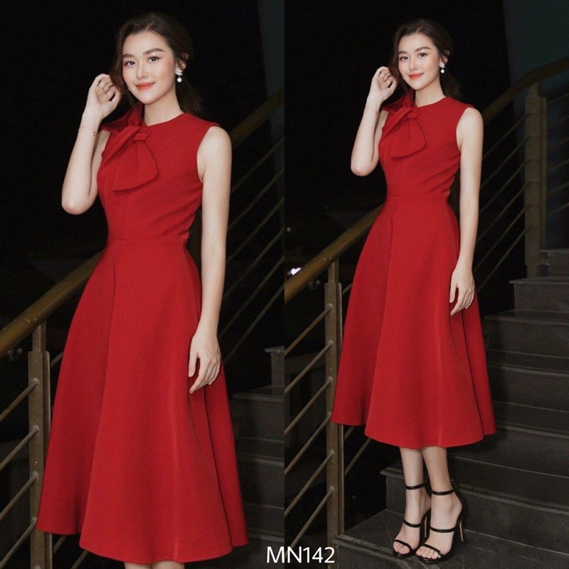Váy đỏ xoắn nơ ngực tuyết mưa xoè sang trọng dự tiệc đi chơi dạo phố công sở MN142 - Đầm Váy Mina