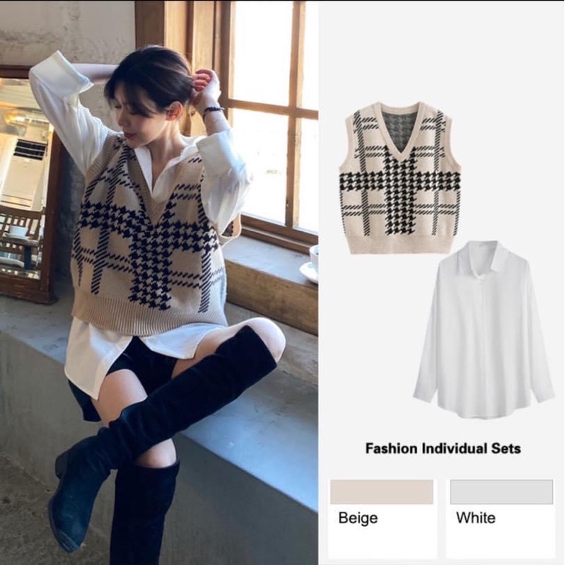 Set áo sơ mi Trắng oversize form rộng giấu quần kèm áo gile len sọc caro cổ v không tay - Order taobao quảng châu