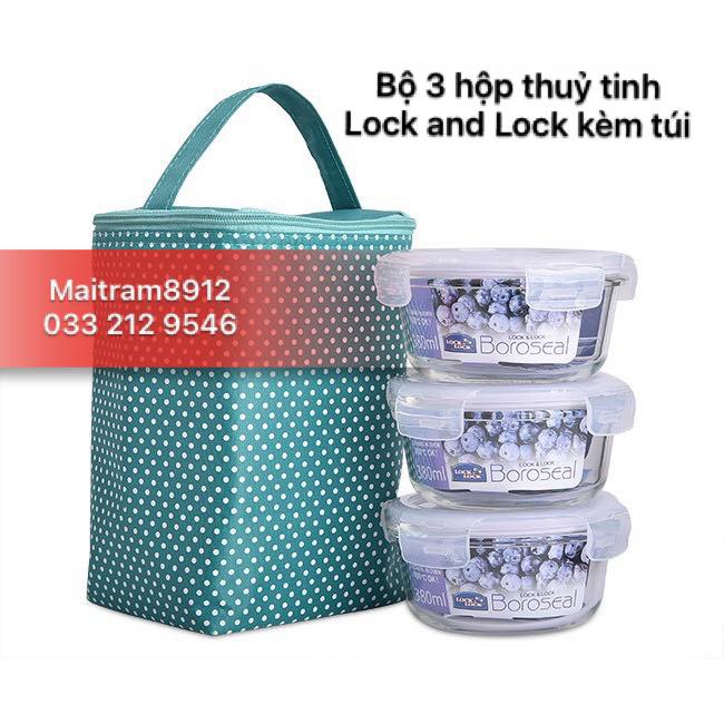 BỘ 3 HỘP THỦY TINH LOCK AND LOCK 380 ML (380ML) KÈM TÚI GIỮ NHIỆT