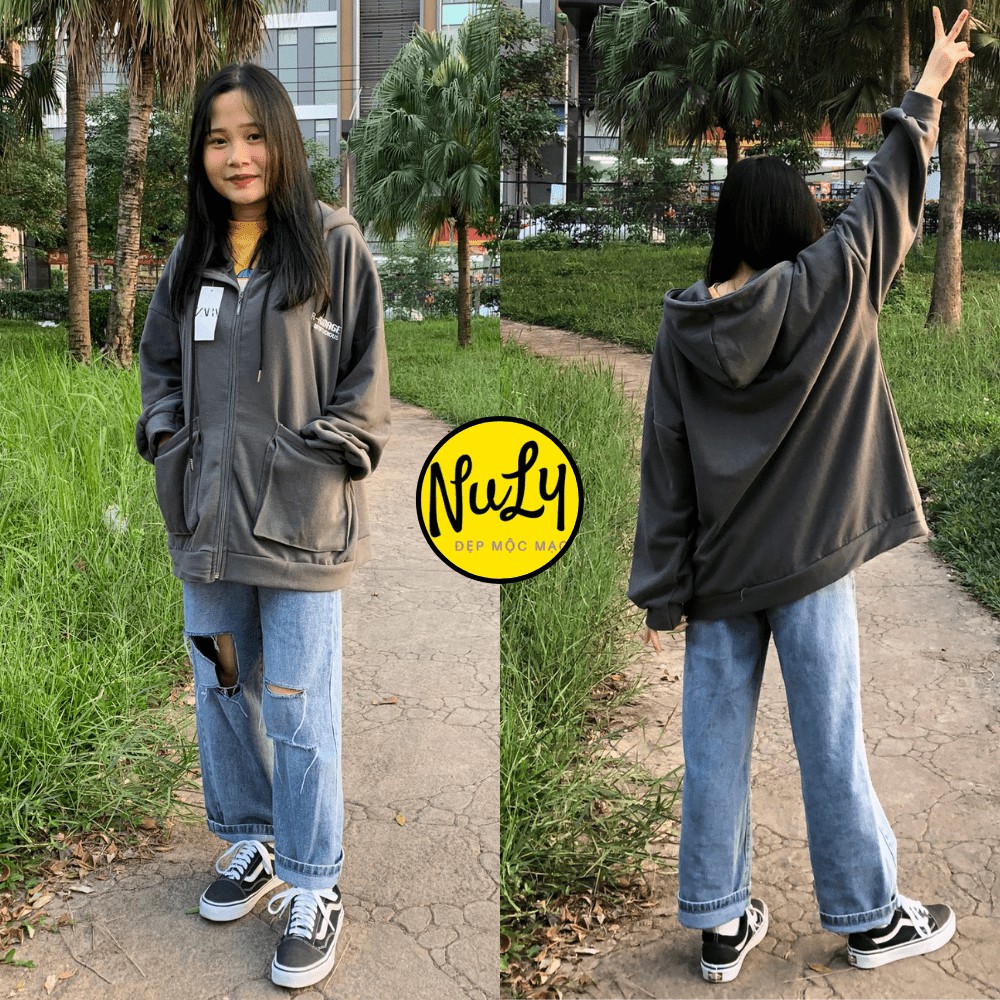 Áo khoác hoodie nữ form rộng Ulzzang  mũ rộng,tay bồng lót nỉ ngoại giữ ấm,chống nắng  mẫu HIT HOT Nuly