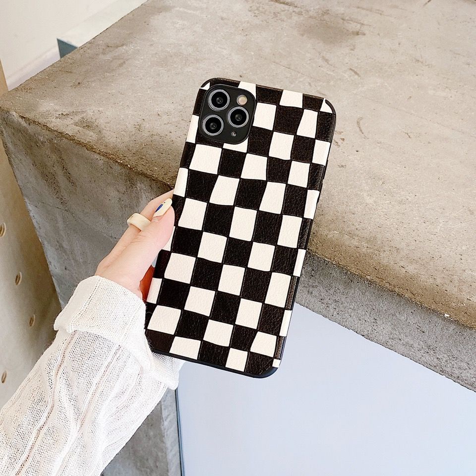 Ốp Điện Thoại Da Cừu Chống Sốc Họa Tiết Sọc Caro Trắng Đen Cho Iphone 11 13 14 pro max xr 12 xs 8plus 7p