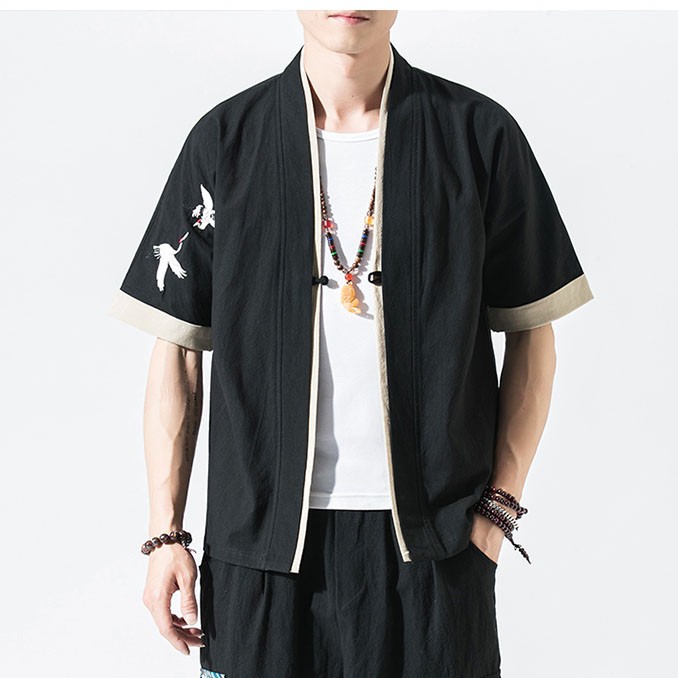 Áo Khoác Thô Đũi Nam Phong Cách Nhật Thêu Hạc Trên Vai | BigBuy360 - bigbuy360.vn