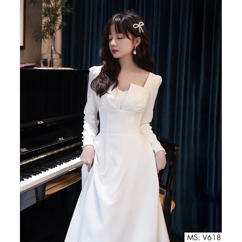 [Đầm Dáng Xoè] Đầm trắng tay dài đúp ngực dáng xoè cực sang đi tiệc thanh nhã
