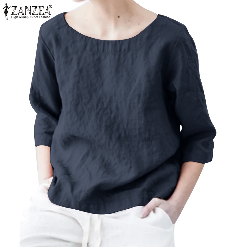Zanzea Áo Kiểu Cổ Tròn Tay 3 / 4 Màu Trơn Dáng Rộng Thời Trang Cho Nữ