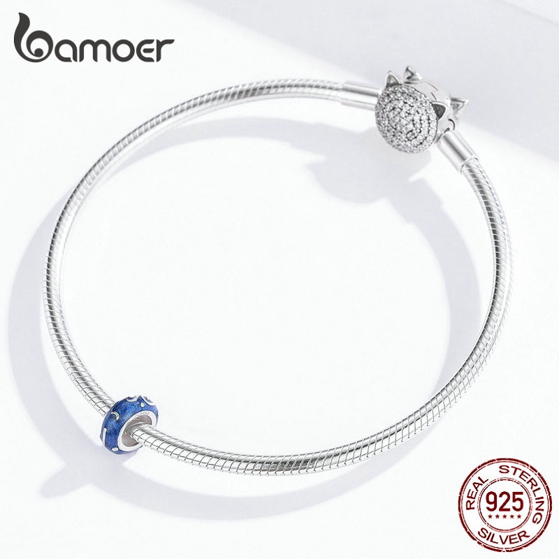 Mặt Phụ Kiện Bamoer SCC1388 Bằng Bạc 925 Màu Xanh Lam Họa Tiết Trời Đêm Trang Trí Vòng Tay Độc Đáo