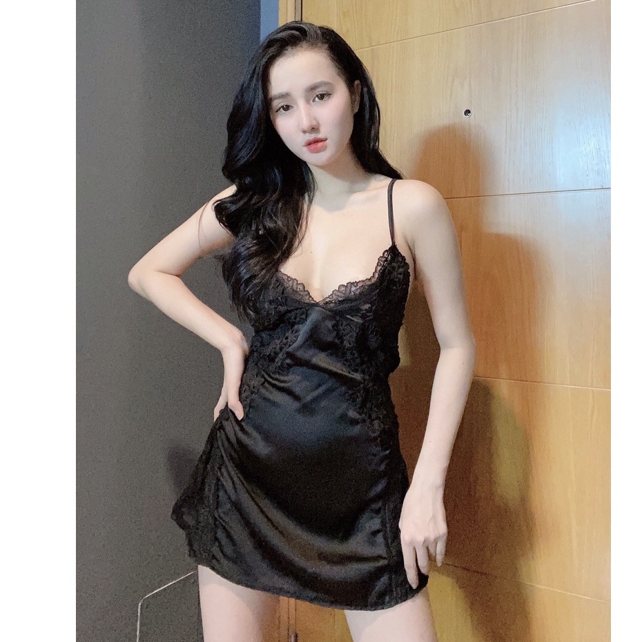 Đồ ngủ sexy / Đầm 2 dây phối hoa ngực và eo, chất liệu satin cao cấp loại 1, kèm quần đùi siêu cute, freesize dưới 65kg | BigBuy360 - bigbuy360.vn