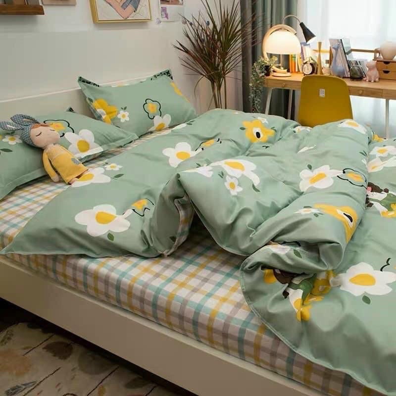 Bộ chăn ga Cotton Poly - Hoa phối ga caro