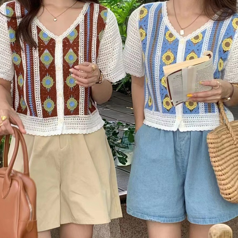 Áo Khoác Cardigan Dệt Kim Tay Ngắn Cổ Chữ V Phối Nút Họa Tiết Sọc Caro Phong Cách Pháp Cho Nữ