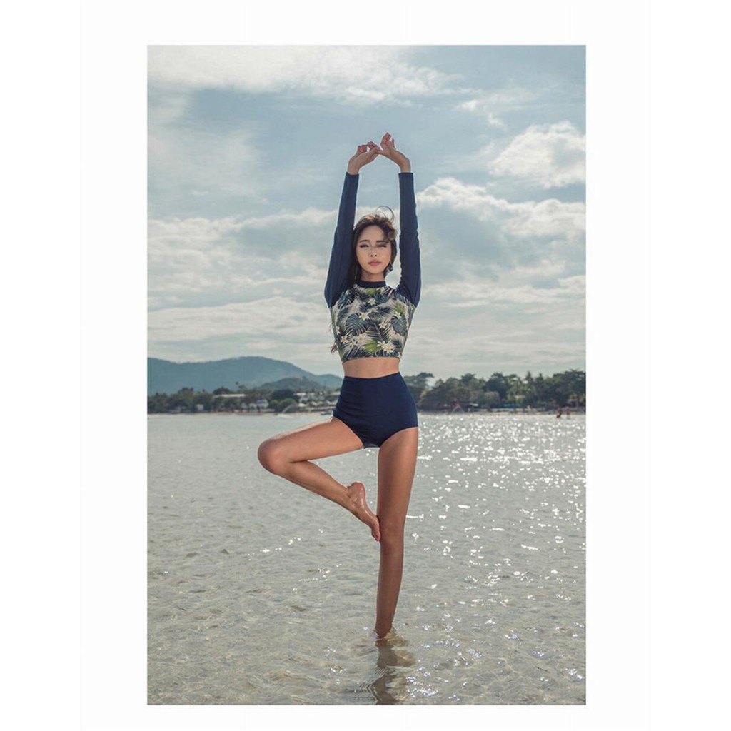 (Xem bảng size) Bikini hoa biển màu xanh dương nhiệt đới, cut out lưng sexy quần cạp cao ôm fom tôn dáng