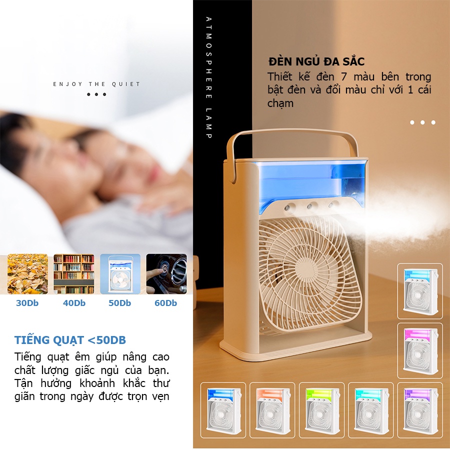 Quạt phun sương để bàn tích hợp đèn LED nhiều màu, quạt điều hòa mini cao cấp 3 tốc độ gió, dung tích bình chứa 680ml